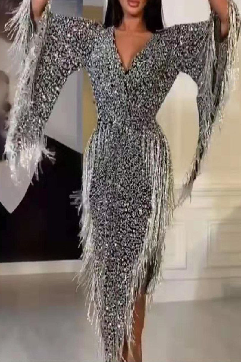 Celebrities Elegant Solid Tassel Sequined V Neck Evening Dress Dresses - Fashionpara