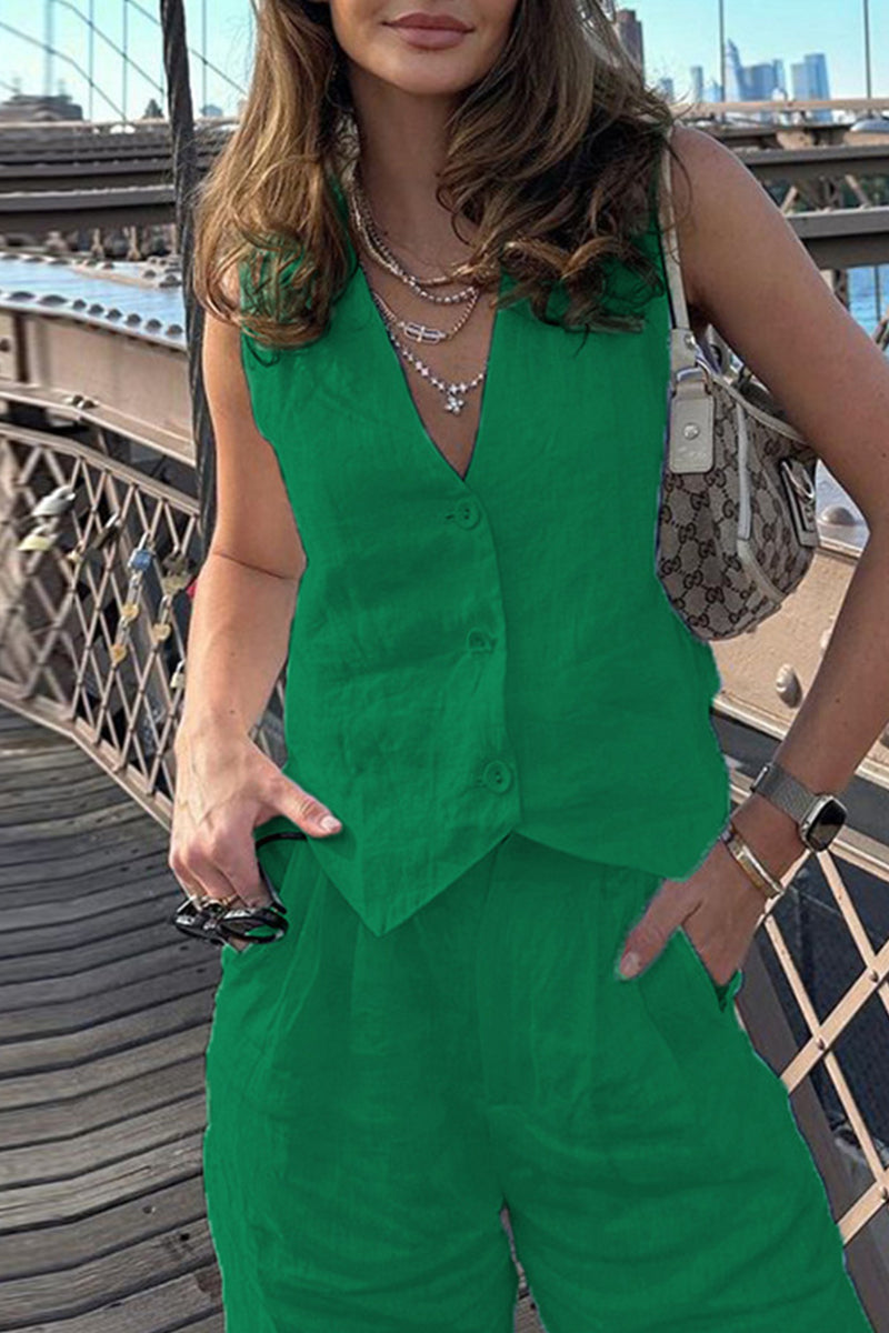 Casual Simplicity Solid Buckle V Neck Sleeveless Two Pieces - Fashionpara