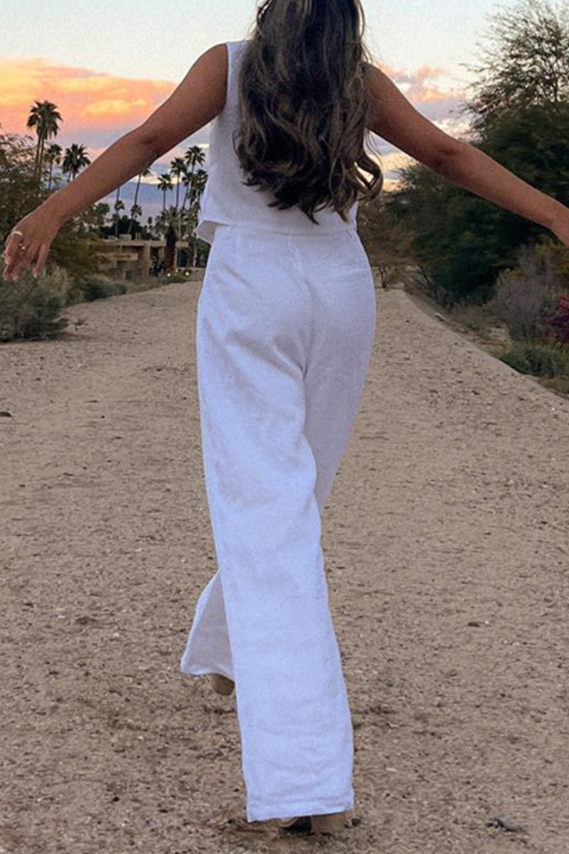 Casual Simplicity Solid Buckle V Neck Sleeveless Two Pieces - Fashionpara