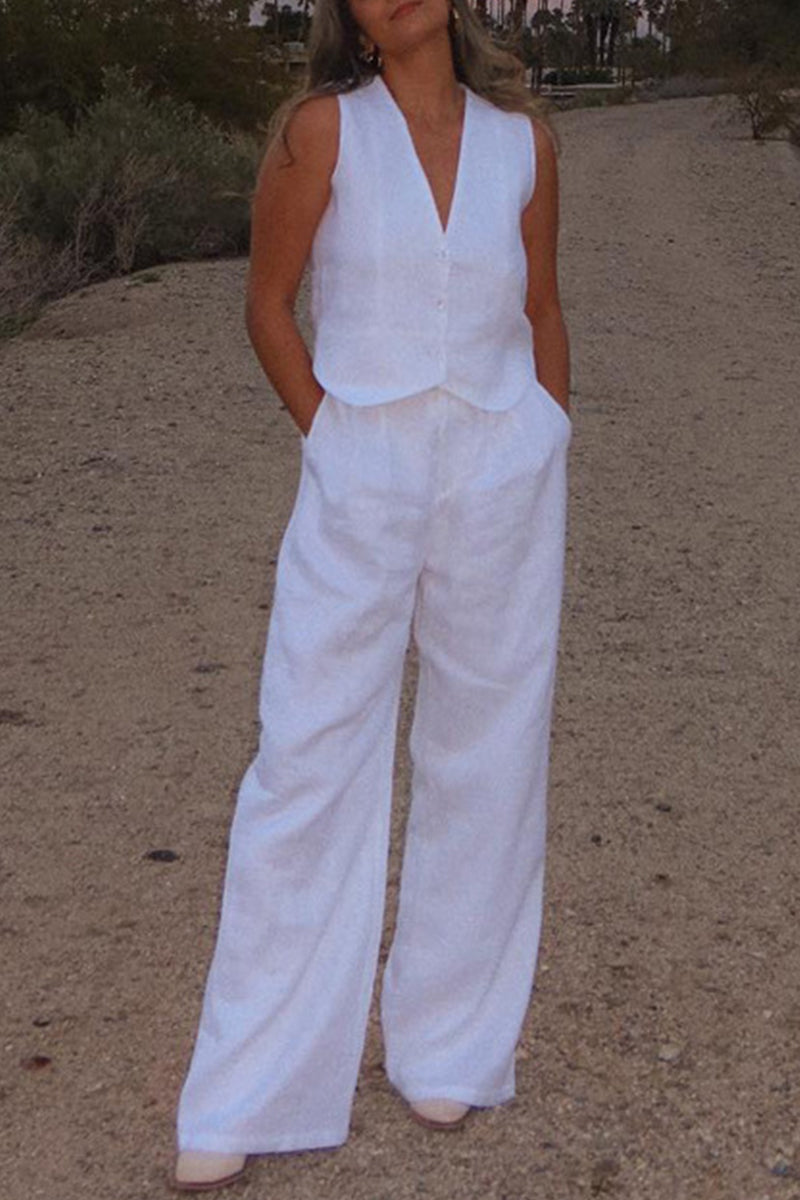 Casual Simplicity Solid Buckle V Neck Sleeveless Two Pieces - Fashionpara