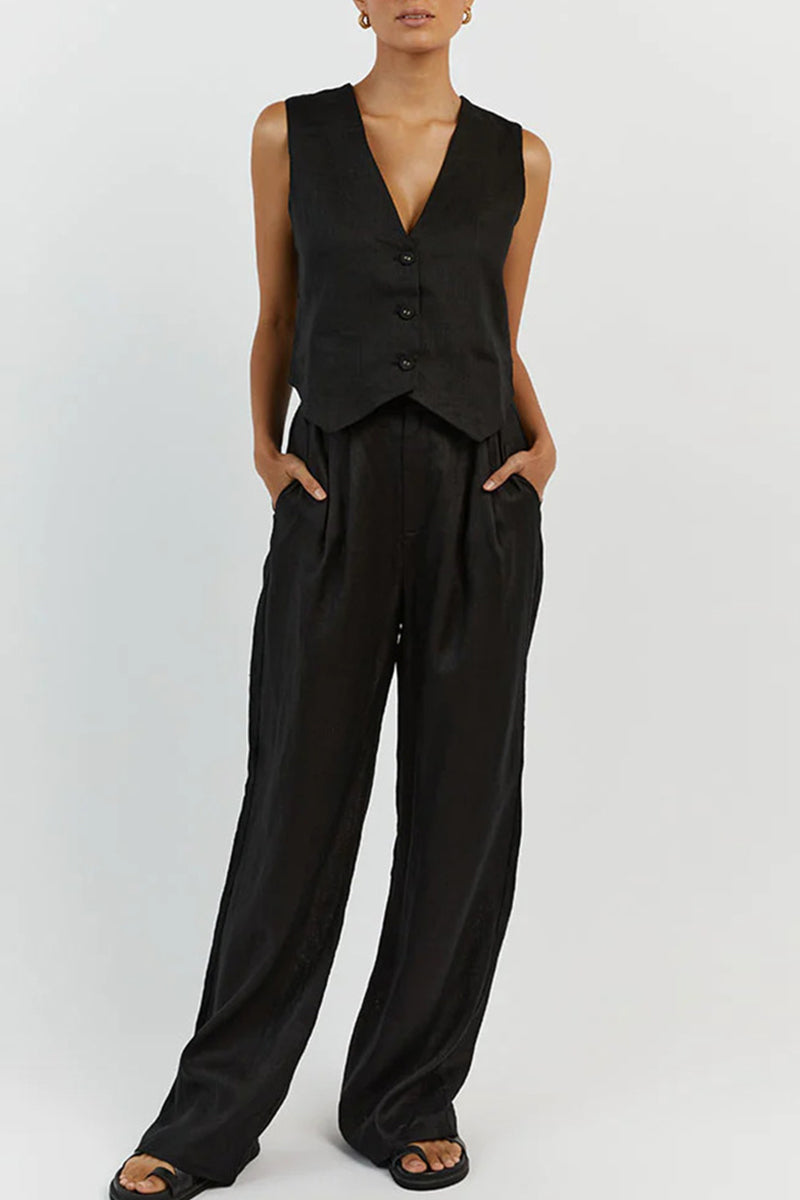 Casual Simplicity Solid Buckle V Neck Sleeveless Two Pieces - Fashionpara