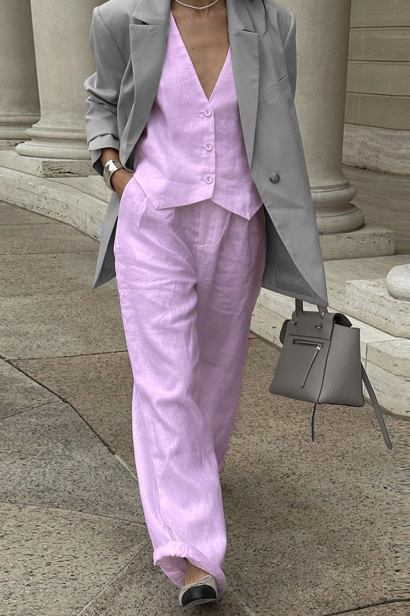 Casual Simplicity Solid Buckle V Neck Sleeveless Two Pieces - Fashionpara