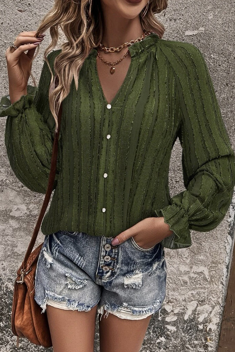 Celebrities Elegant Solid Flounce V Neck Tops - Fashionpara