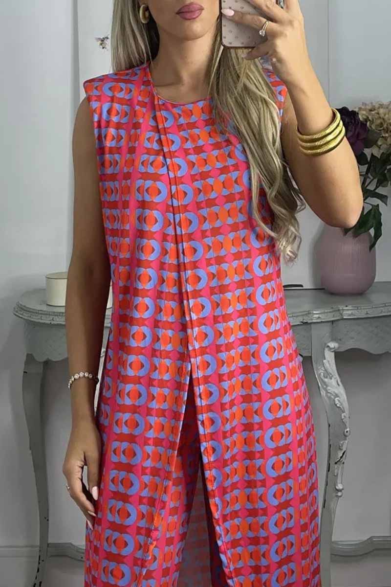 Casual Print Slit O Neck Sleeveless Two Pieces - Fashionpara