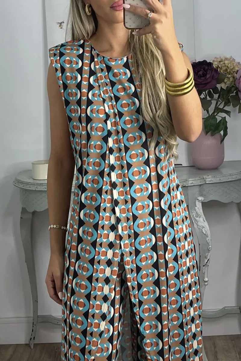 Casual Print Slit O Neck Sleeveless Two Pieces - Fashionpara
