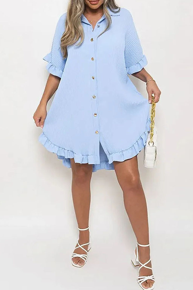 Casual Solid Patchwork Turndown Collar Shirt Dress Dresses - Fashionpara