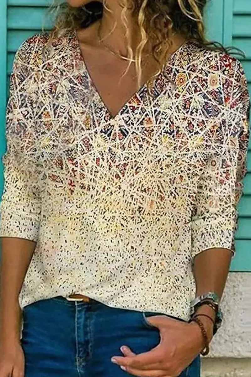 Street Print Patchwork V Neck Tops(7 Colors)
