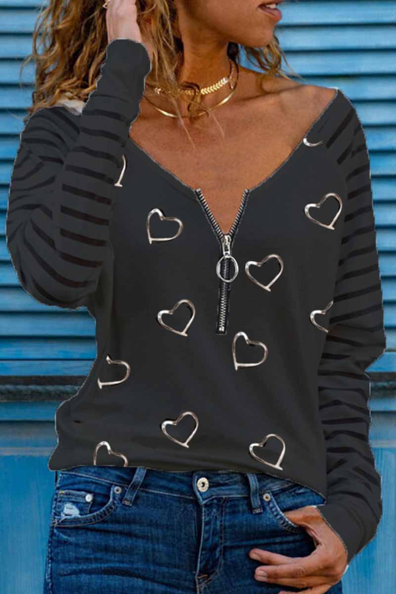 Casual Print Patchwork V Neck Tops(4 Colors) - Fashionpara