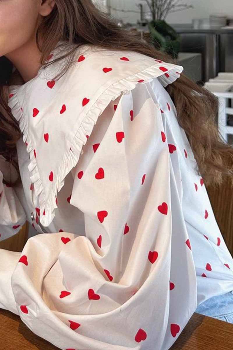 Sweet Print Patchwork Peter Pan Collar Tops - Fashionpara