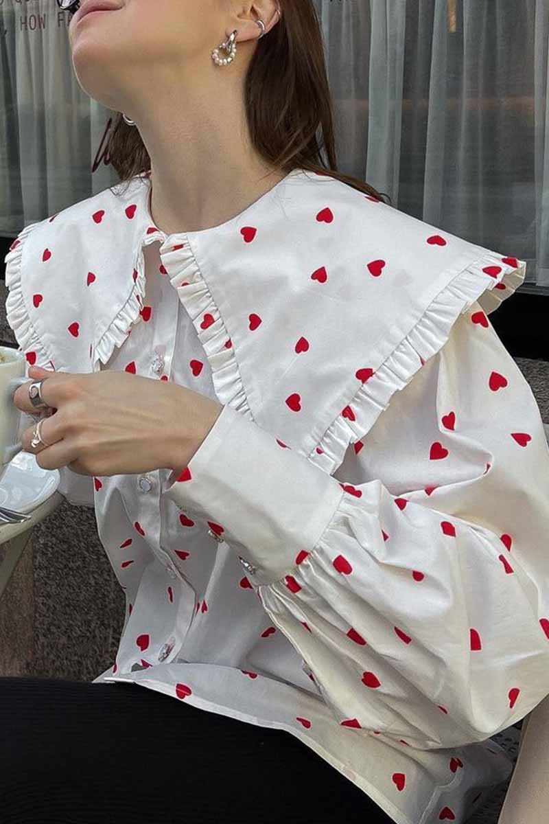 Sweet Print Patchwork Peter Pan Collar Tops - Fashionpara