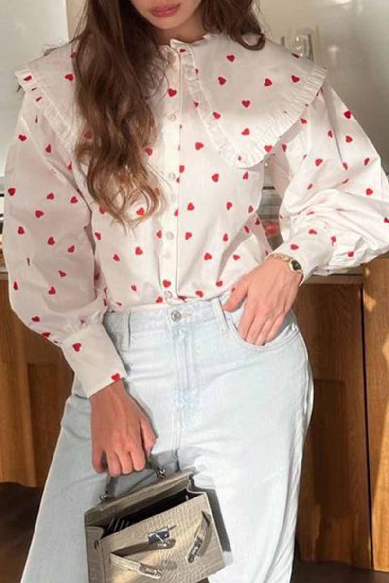 Sweet Print Patchwork Peter Pan Collar Tops - Fashionpara