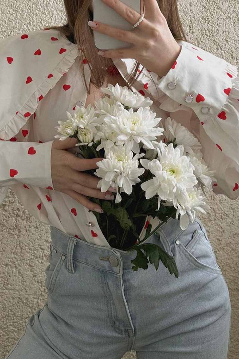 Sweet Print Patchwork Peter Pan Collar Tops - Fashionpara