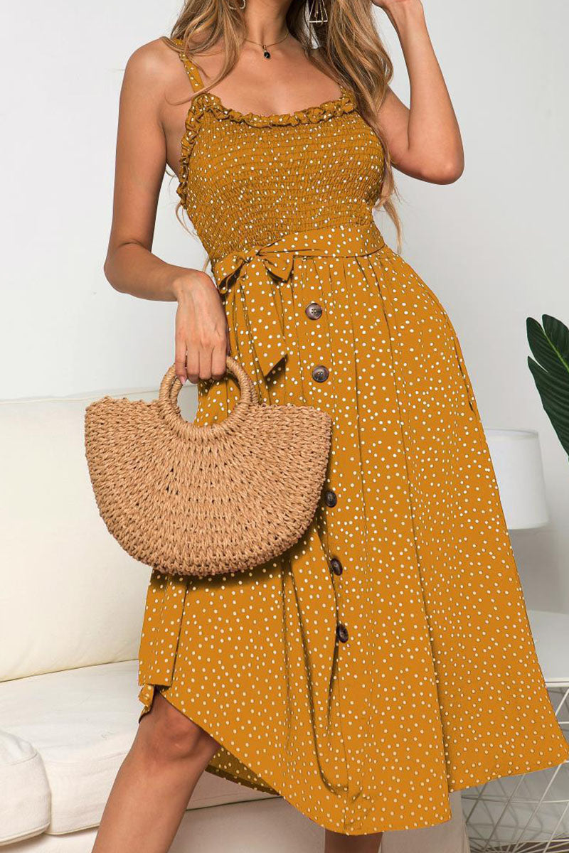 Casual Print Polka Dot Bandage Patchwork Spaghetti Strap A Line Dresses