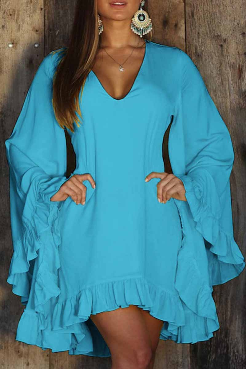Sexy Solid Flounce V Neck Irregular Dress Dresses - Fashionpara