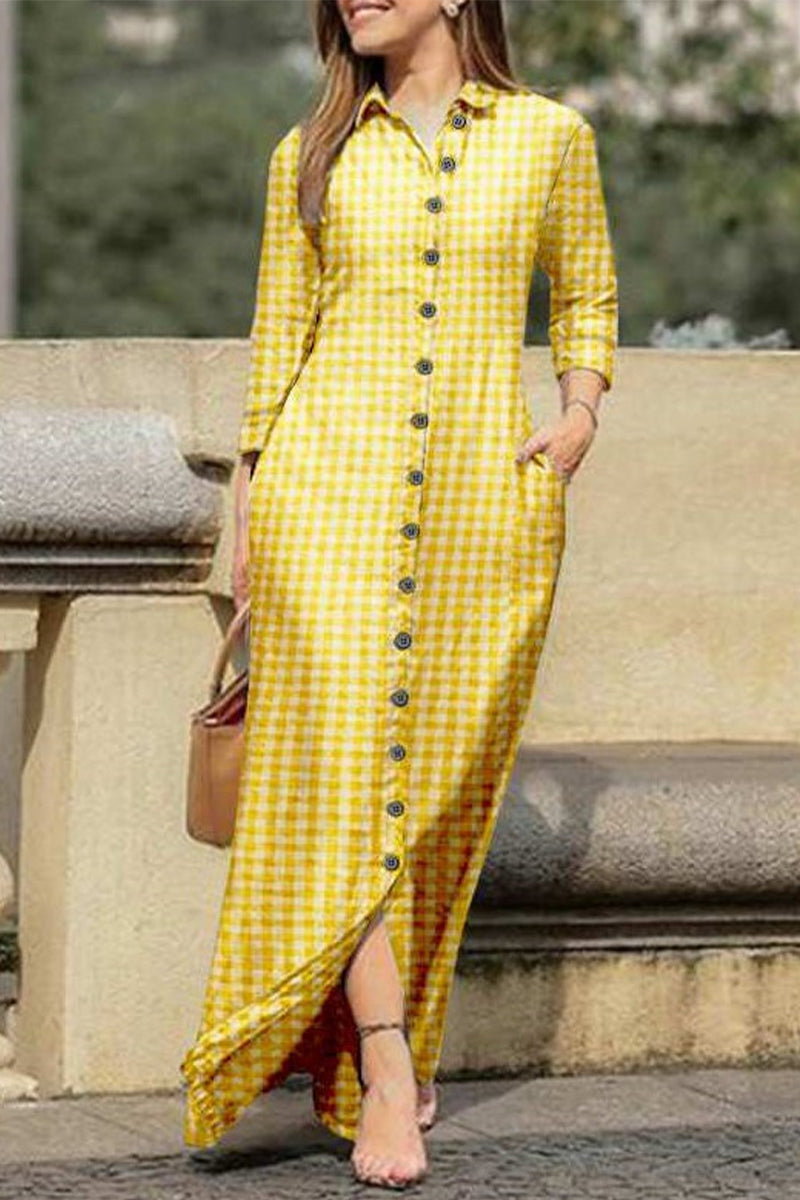 Casual Print Pocket Turndown Collar Shirt Dress Dresses - Fashionpara