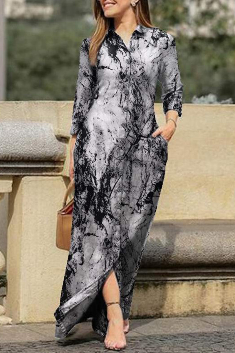 Casual Print Pocket Turndown Collar Shirt Dress Dresses - Fashionpara