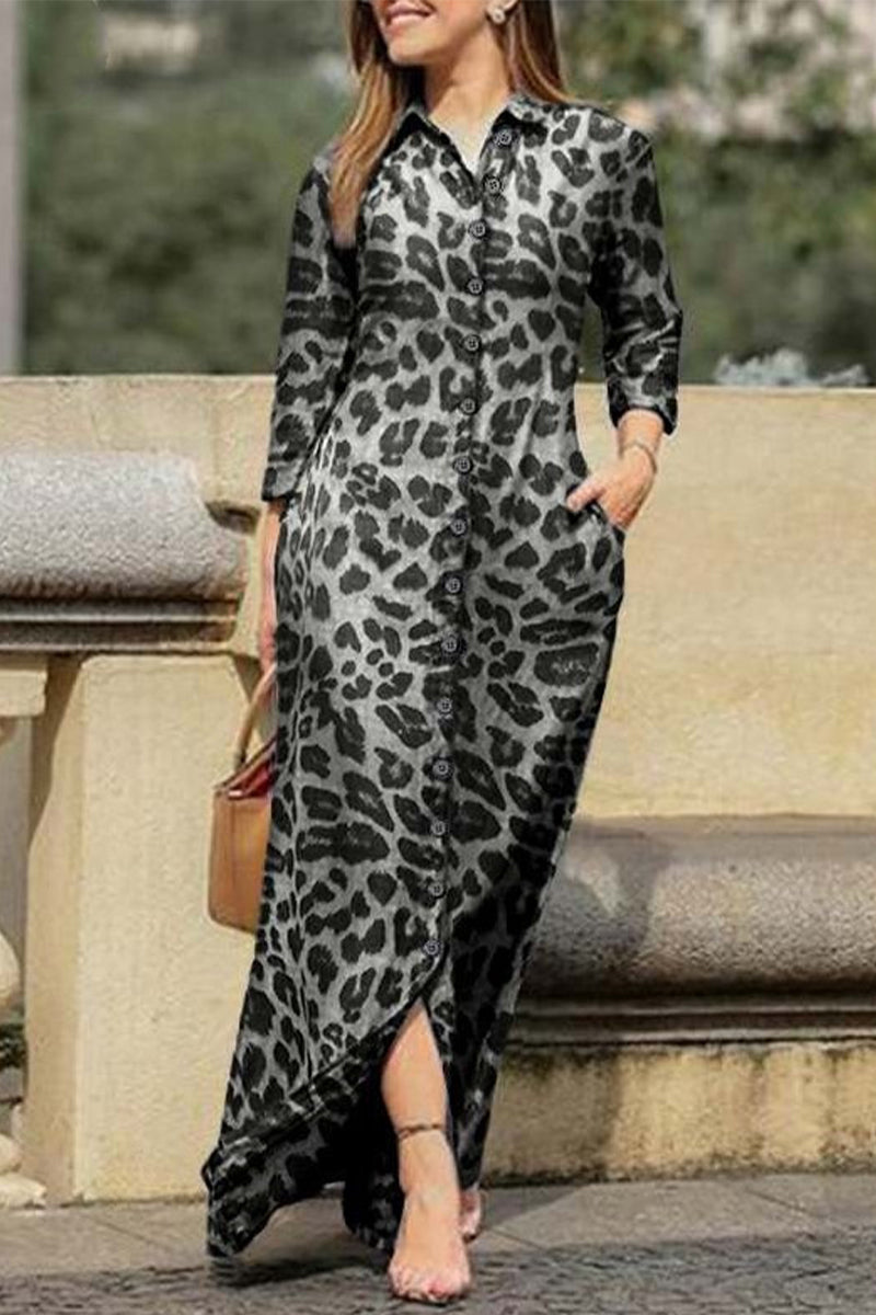 Casual Print Pocket Turndown Collar Shirt Dress Dresses - Fashionpara