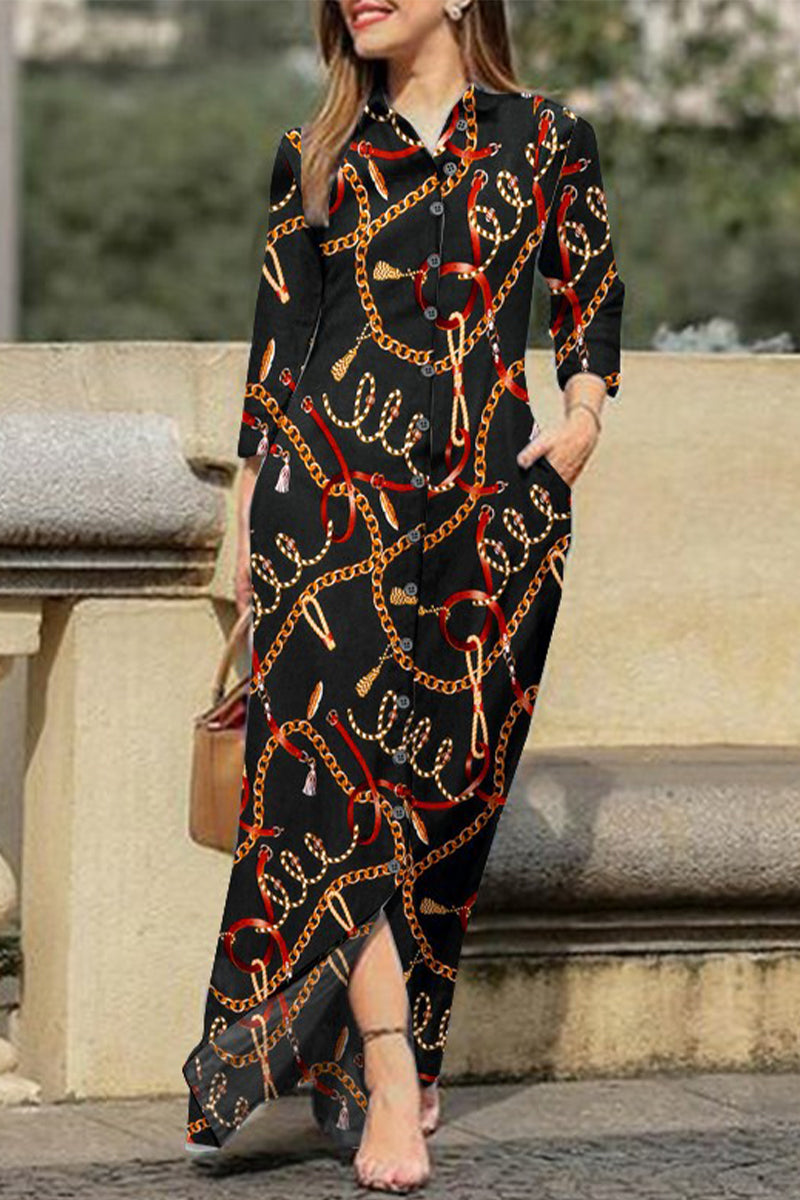 Casual Print Pocket Turndown Collar Shirt Dress Dresses - Fashionpara
