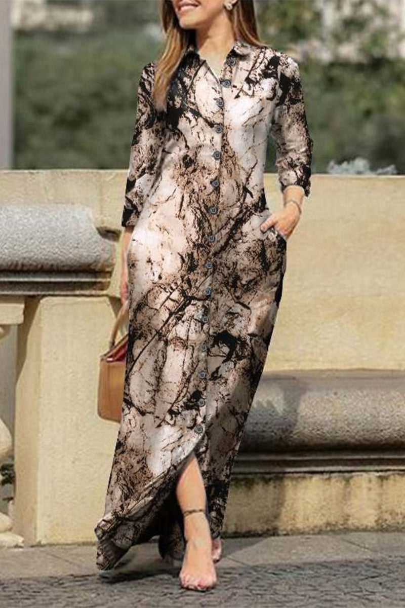 Casual Print Pocket Turndown Collar Shirt Dress Dresses - Fashionpara