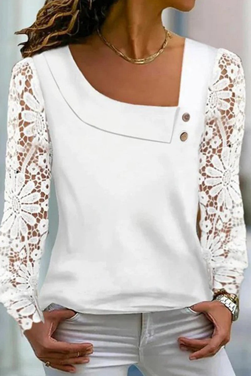 Sweet Elegant Solid Lace Oblique Collar Tops - Fashionpara