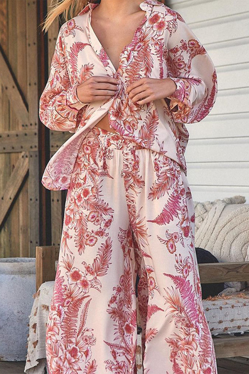 Casual Print Pocket Turndown Collar Long Sleeve Two Pieces - Fashionpara