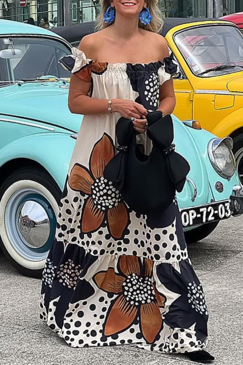 College Print Off the Shoulder Printed Dress Dresses - Fashionpara