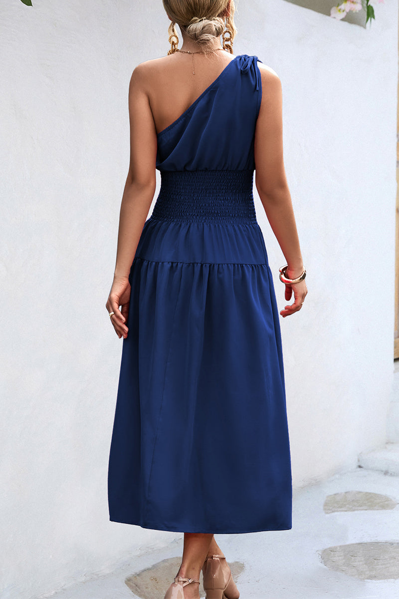 Casual Simplicity Solid Frenulum Oblique Collar Waist Skirt Dresses - Fashionpara