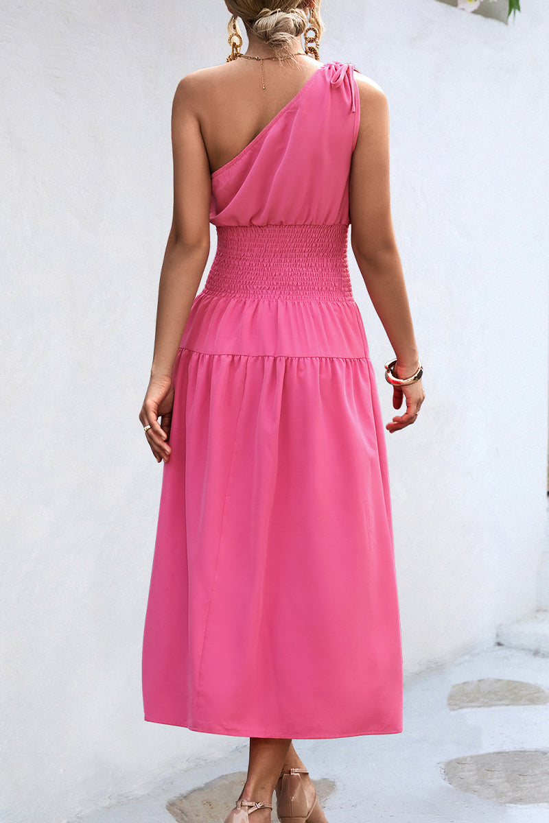 Casual Simplicity Solid Frenulum Oblique Collar Waist Skirt Dresses - Fashionpara