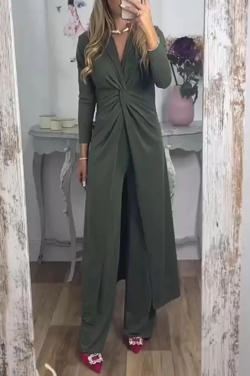 Casual Solid Fold V Neck Long Sleeve Two Pieces - Fashionpara