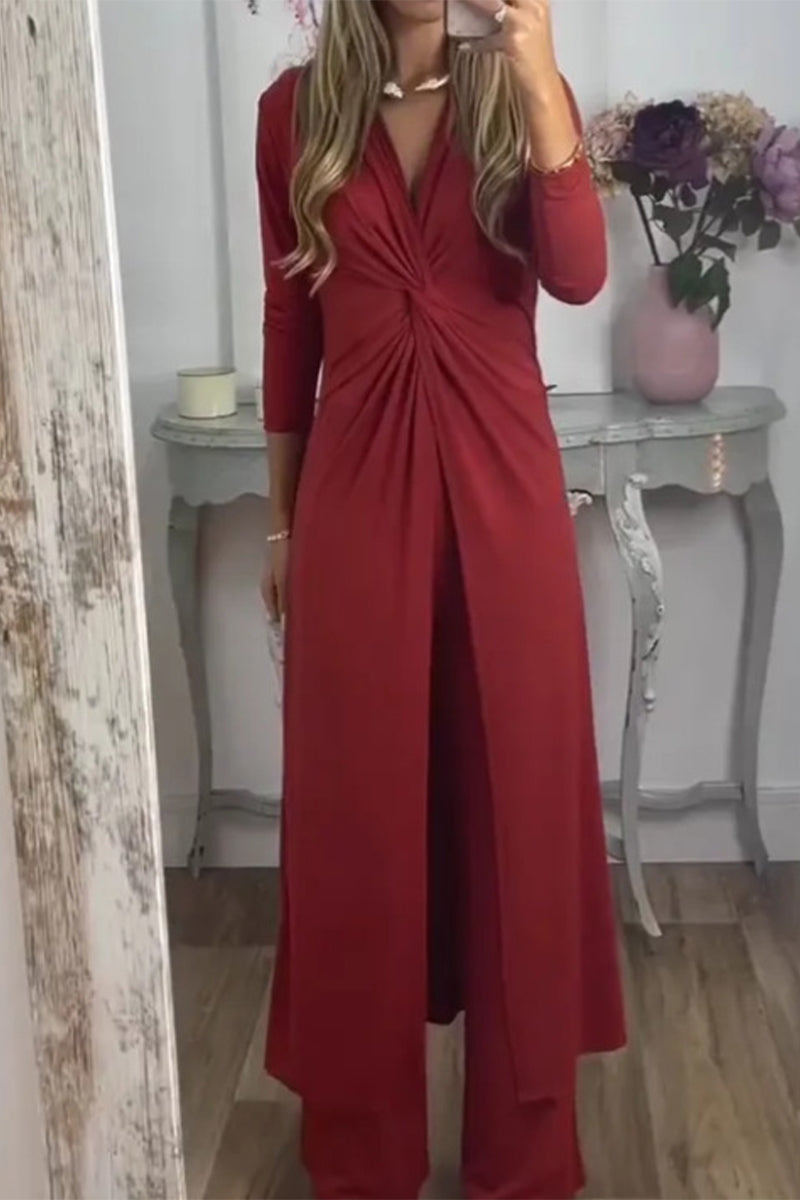 Casual Solid Fold V Neck Long Sleeve Two Pieces - Fashionpara