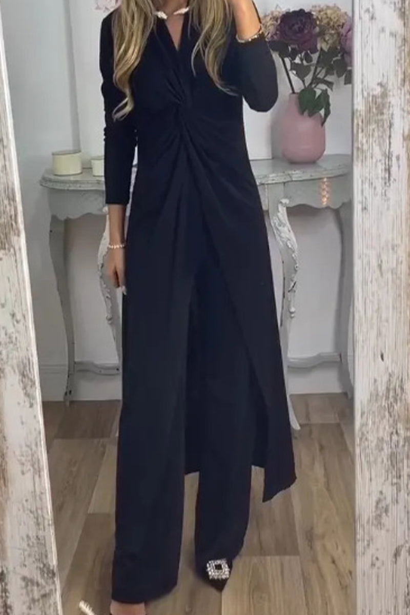 Casual Solid Fold V Neck Long Sleeve Two Pieces - Fashionpara