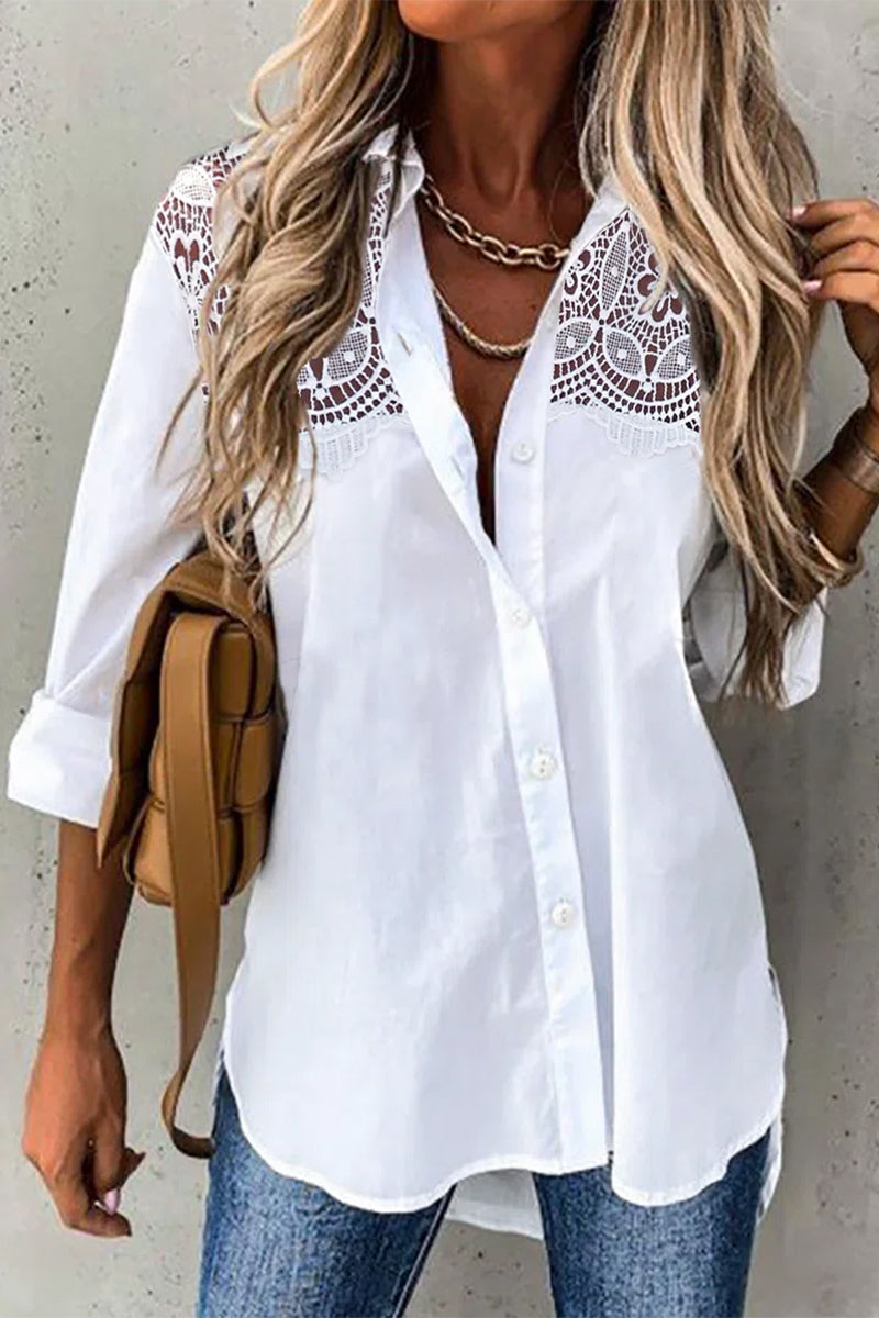 Casual Solid Lace Turndown Collar Tops - Fashionpara