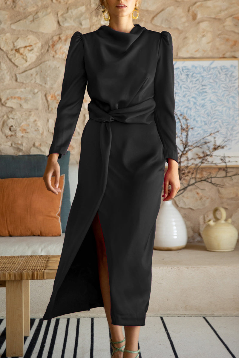 Celebrities Elegant Solid Slit Scarf Collar A Line Dresses(6 Colors) - Fashionpara