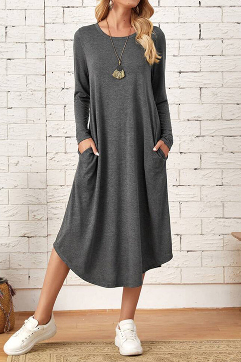 Casual Simplicity Solid Pocket O Neck Long Sleeve Dresses(6 Colors)