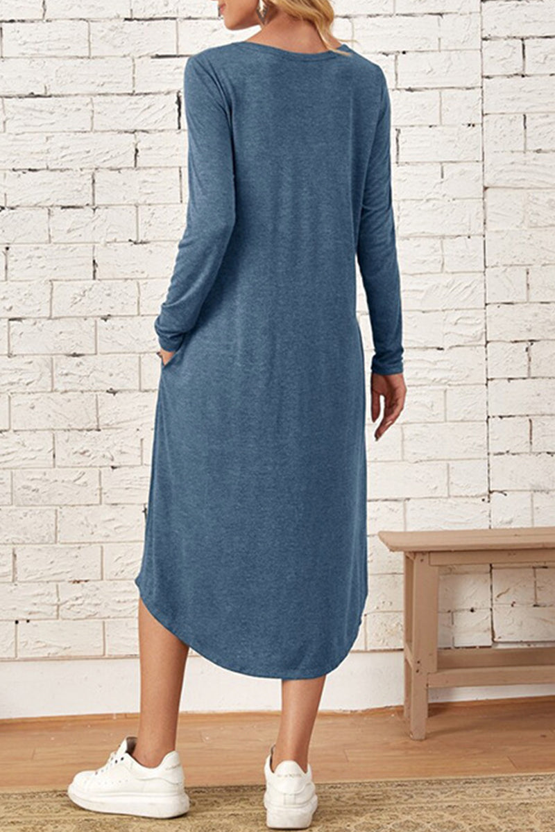 Casual Simplicity Solid Pocket O Neck Long Sleeve Dresses(6 Colors)