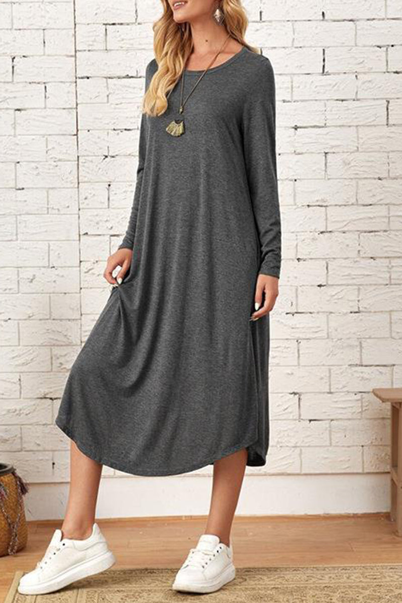 Casual Simplicity Solid Pocket O Neck Long Sleeve Dresses(6 Colors)