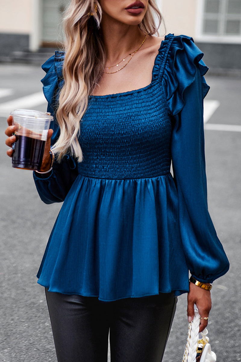 Sweet Elegant Solid Fold Stringy Selvedge Square Collar Tops - Fashionpara