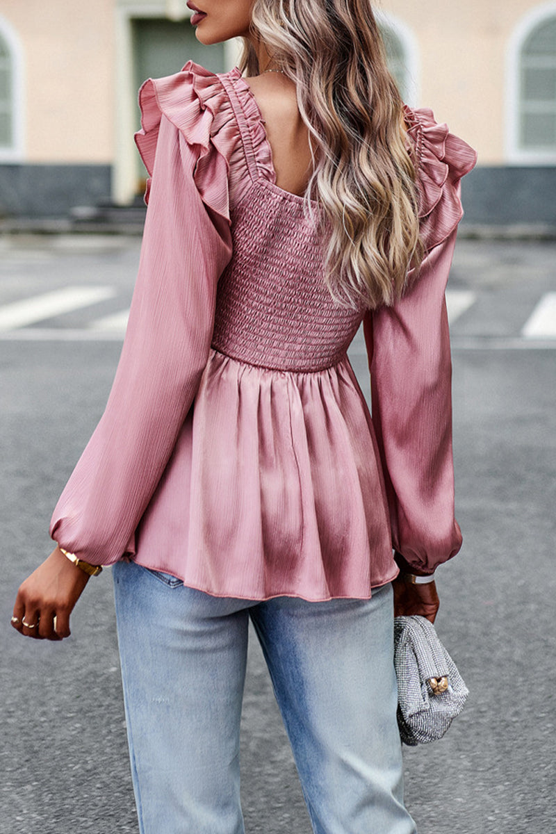 Sweet Elegant Solid Fold Stringy Selvedge Square Collar Tops - Fashionpara