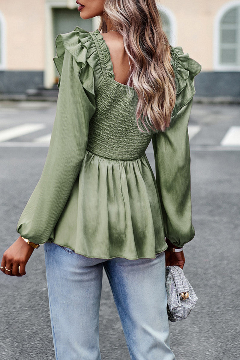 Sweet Elegant Solid Fold Stringy Selvedge Square Collar Tops - Fashionpara