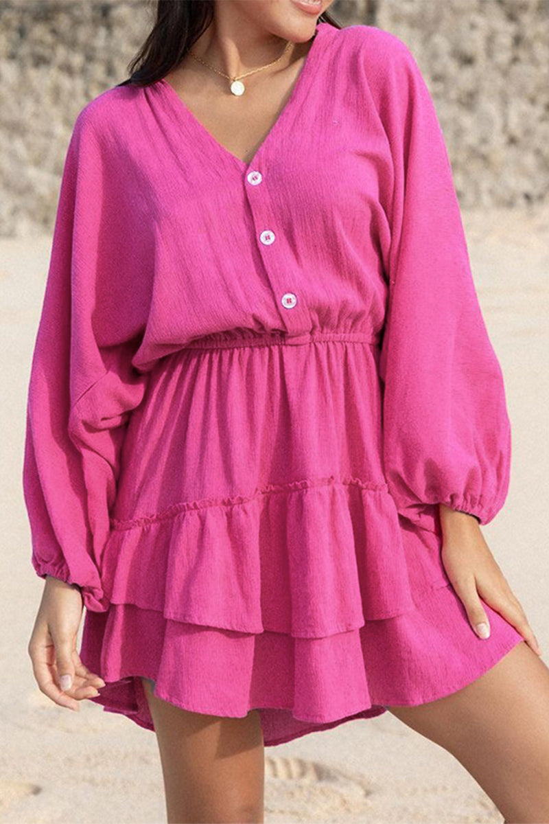 Simplicity Solid Buttons V Neck A Line Dresses - Fashionpara