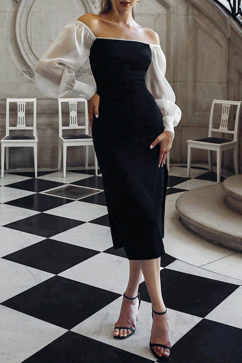 Celebrities Elegant Color Block Contrast Square Collar A Line Dresses - Fashionpara