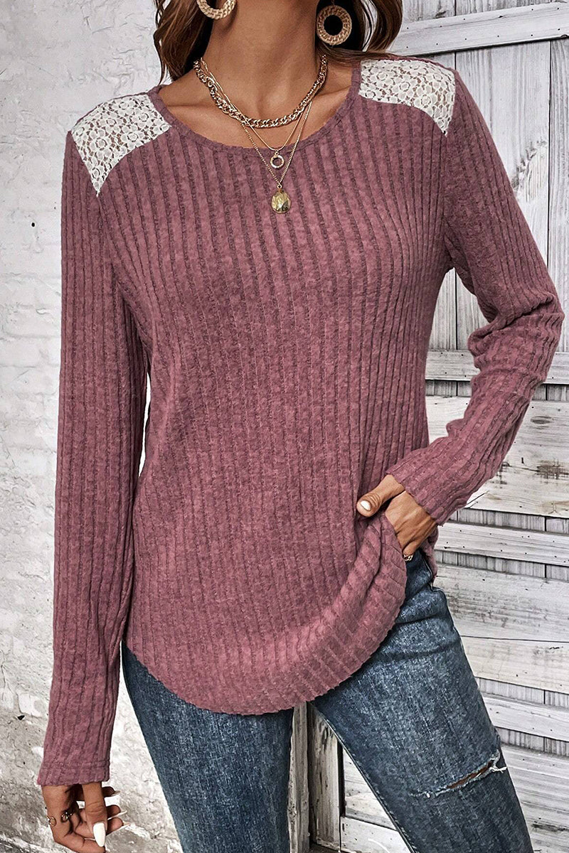 Casual Solid Lace O Neck Tops - Fashionpara