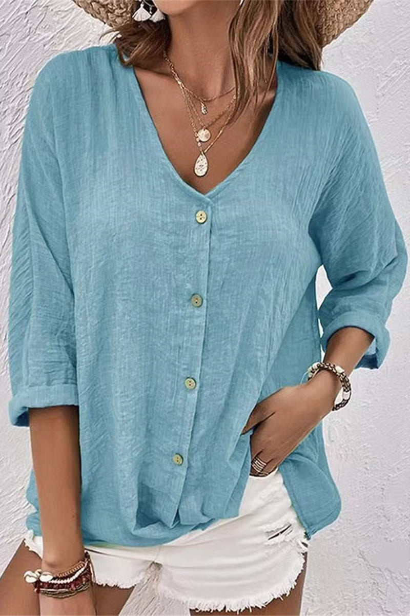 Simplicity Solid Buttons V Neck Tops - Fashionpara