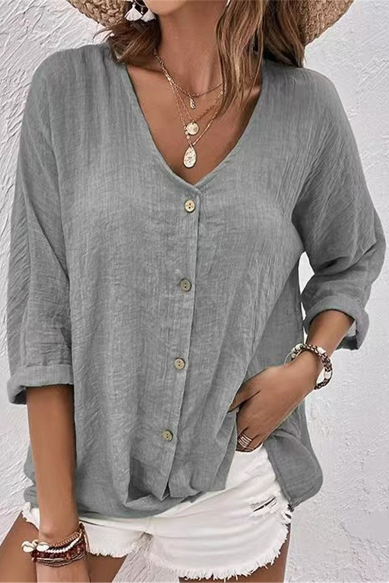 Simplicity Solid Buttons V Neck Tops - Fashionpara