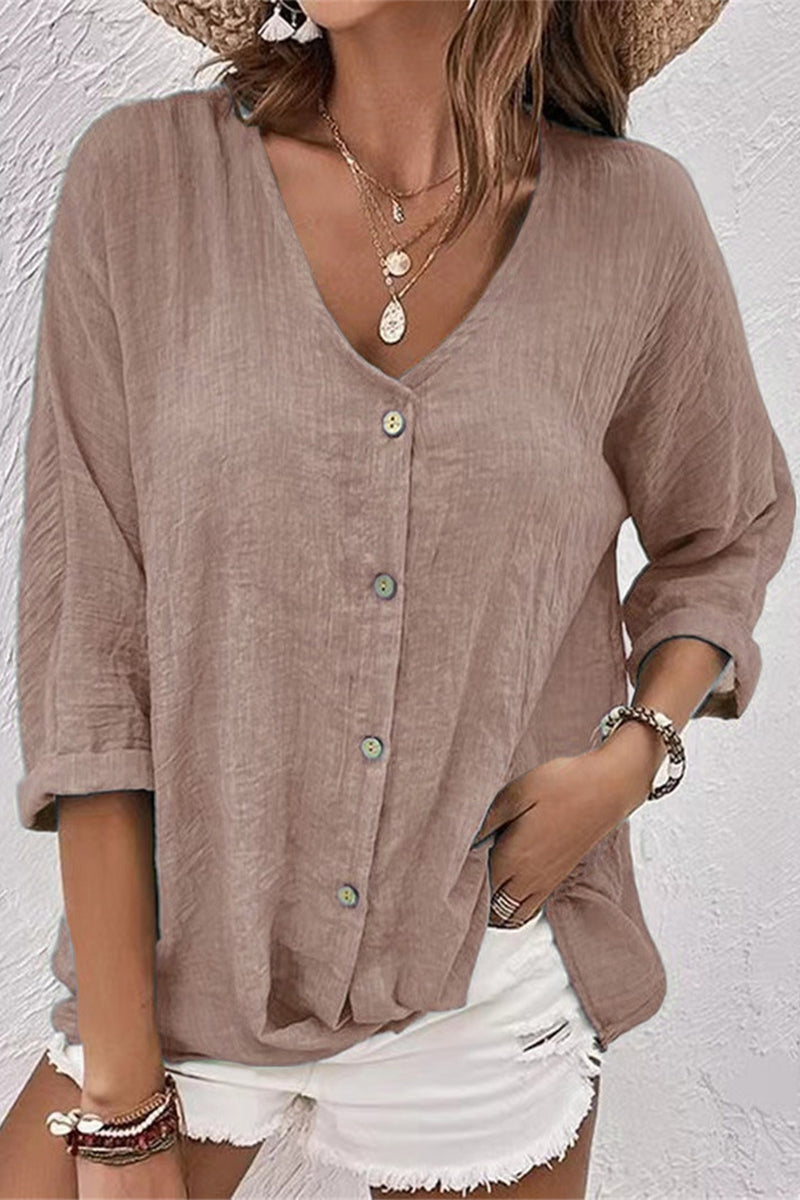 Simplicity Solid Buttons V Neck Tops - Fashionpara