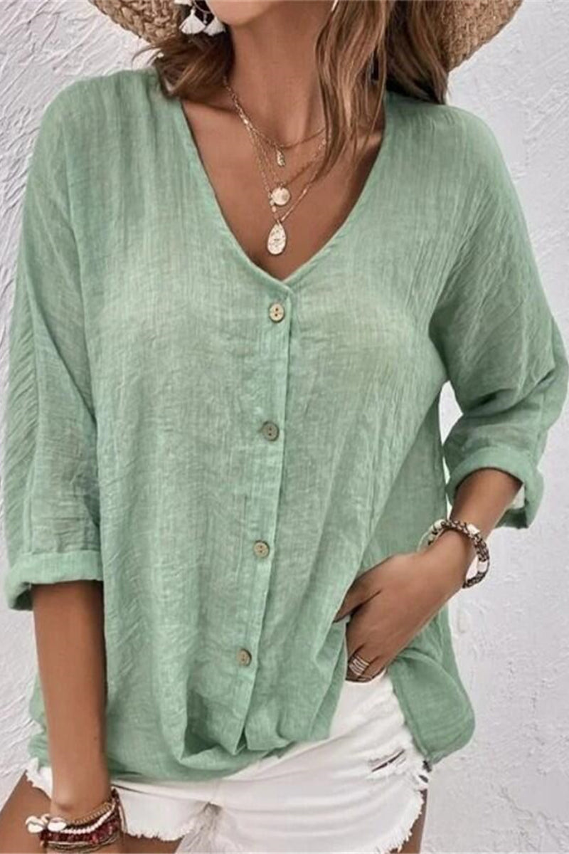 Simplicity Solid Buttons V Neck Tops - Fashionpara