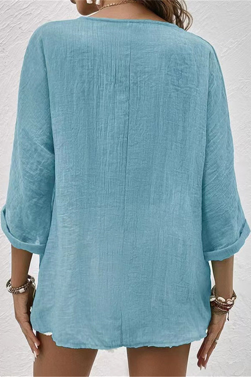 Simplicity Solid Buttons V Neck Tops - Fashionpara