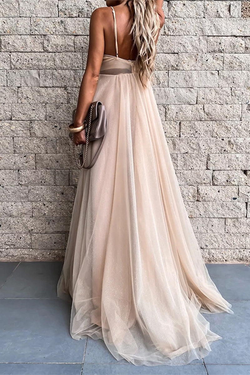 Sexy Formal Solid Mesh V Neck Evening Dress Dresses - Fashionpara