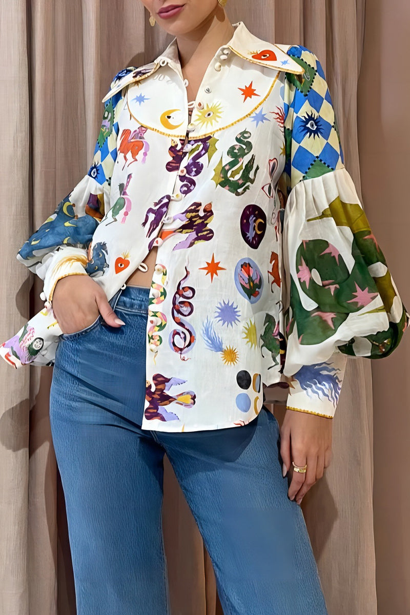 Casual Print Turndown Collar Tops - Fashionpara