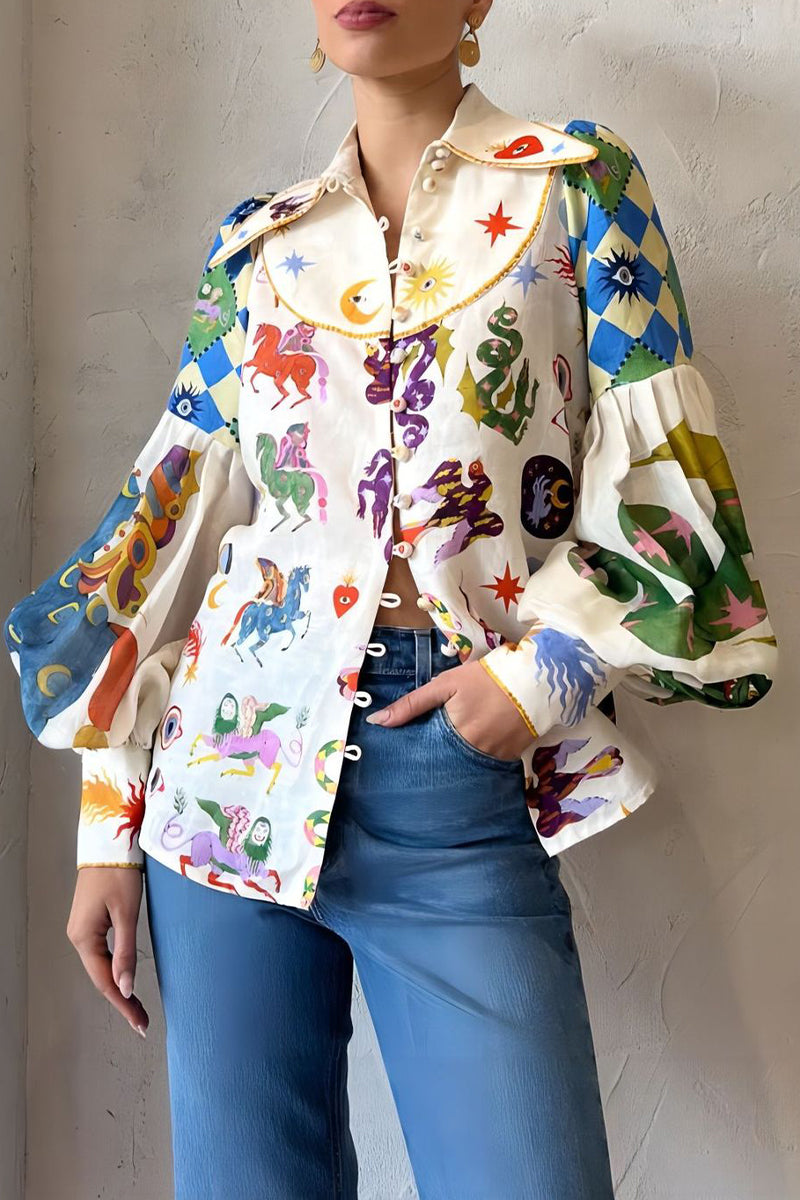 Casual Print Turndown Collar Tops - Fashionpara